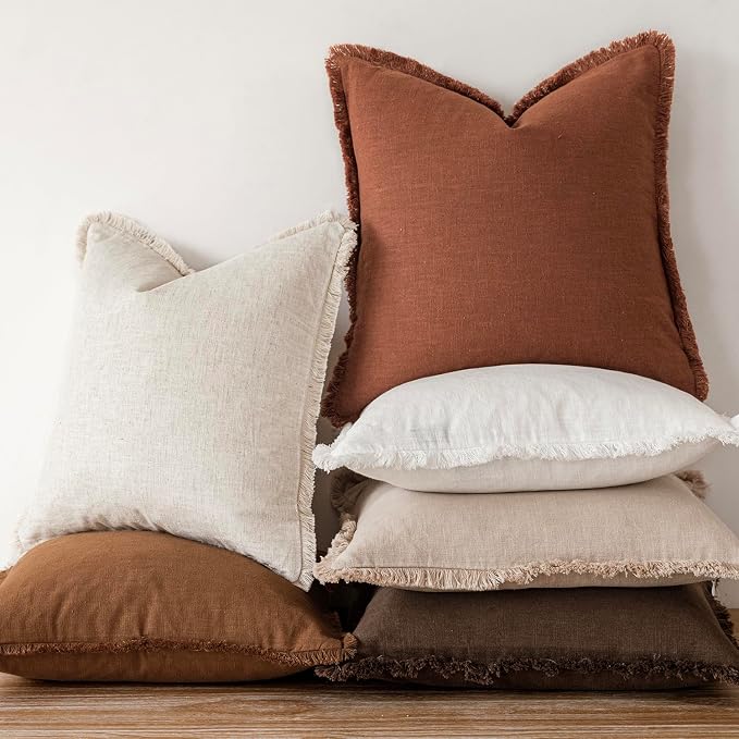 Foindtower Set of 2 Decorative Linen Fringe Throw Pillow Covers Boho Farmhouse Cushion Cover with Tassels Soft Accent Pillowcase for Couch Sofa Bed Living Room Home Decor, 26×26 Inch, Fall Rust Orange
