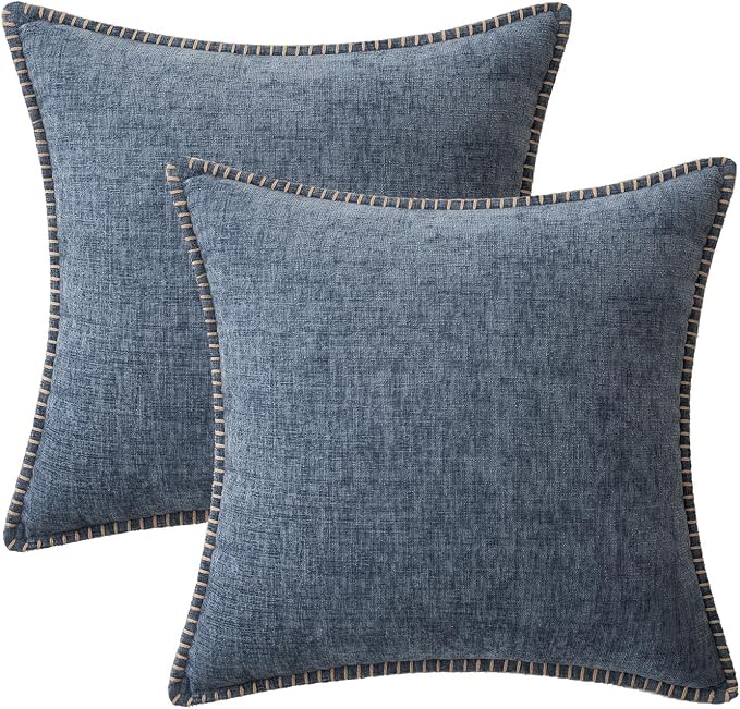 MIULEE Pack of 2 Couch Throw Pillow Covers 18x18 Inch Dark Grey Blue Farmhouse Decorative Pillow Covers with Stitched Edge Soft Chenille Solid Dyed Pillow Covers for Sofa Bed Living Room