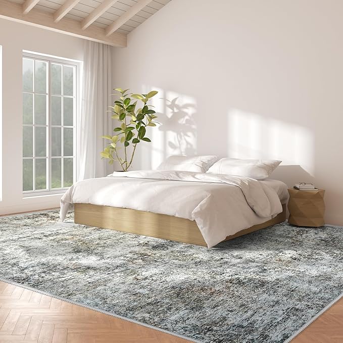 Abstract 10x14 Washable Rug: Modern Non Slip Area Rug Soft Carpet Foldable Distressed Stain Resistant Neutral Rugs for Living Room Bedroom Decor Large Indoor Farmhouse Rug 10'x14' Brown Gray
