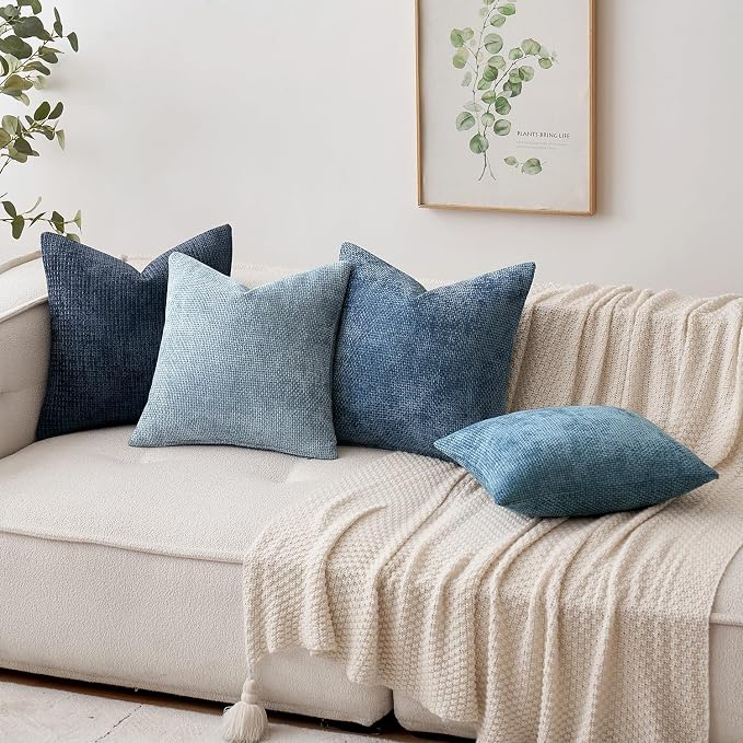 MIULEE Pack of 2 Coastal Blue Lumbar Throw Pillow Covers 20x12 Inch Summer Modern Boho Accent Decorative Pillow Covers Soft Chenille Farmhouse Cushion Covers for Home Couch Decor Bed Sofa Living Room
