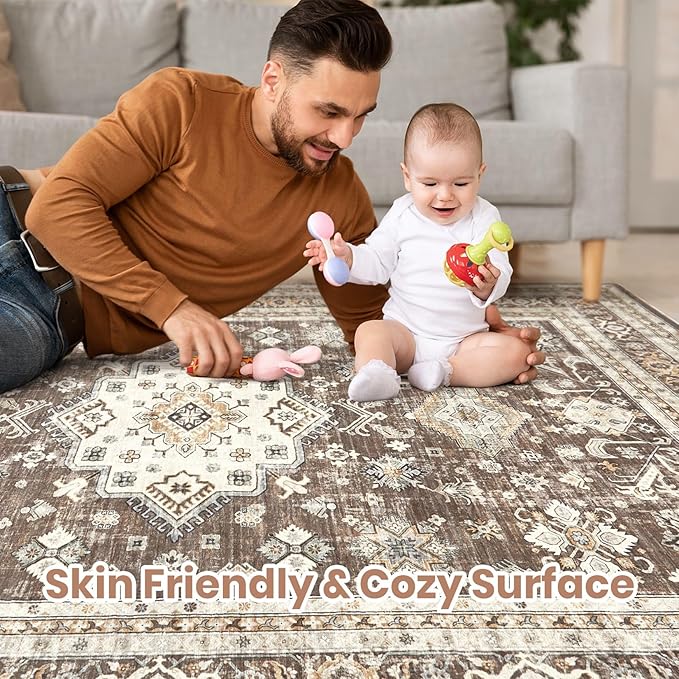 Vintage Living Room Area Rug 10x11 - Large Soft Washable Oriental Traditional Distressed Farmhouse Rugs for Bedroom - Indoor Floor Accent Carpet for Home Office House Decor - Dark Brown