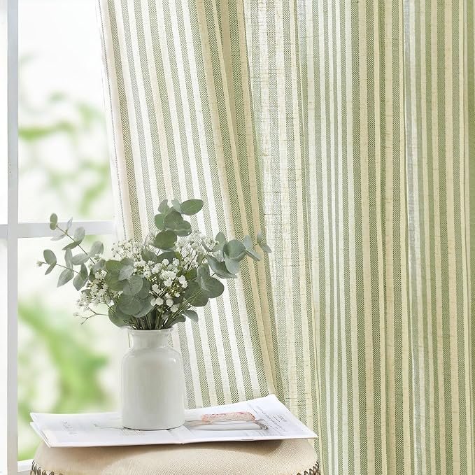 jinchan Linen Curtains 84 Inch Sage Green Stripe on Beige Back Tab 2 Panels | Curtains For Living Room Bedroom,Ticking Stripe, Farmhouse Cottage Core Rustic,Rod Pocket Window Treatment,Light Filtering