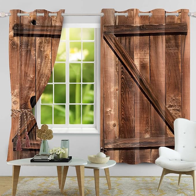 Old Tan Wooden Window Curtains American Rustic Garage Door Curtains Vintage Barn Door Drapes Wood Planks Rural Style Native Country Farmhouse Bedroom Window Treatment, 42x63 inch, 2 Panels