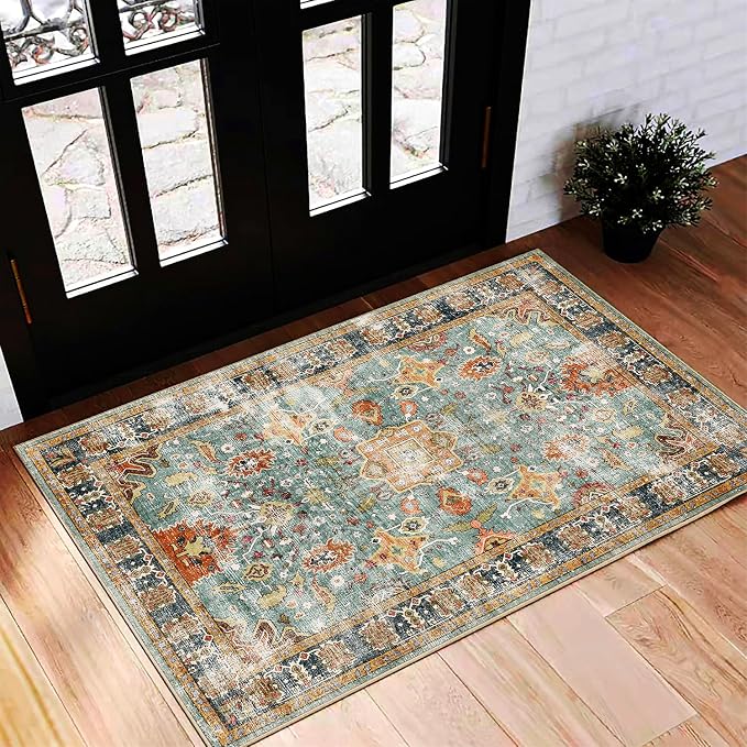 CHAMPLANT Washable Area Rug 2'x3' Door Mat Vintage Distressed Taupe Doormat Indoor Entrance Traditional Floral Print Non Slip Carpet for Kitchen Bathroom Bedroom Living Room