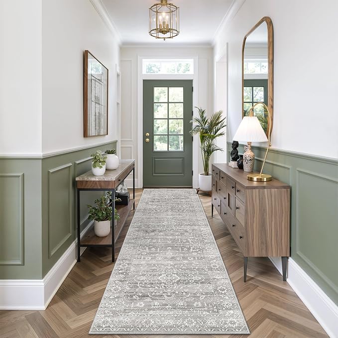 Soalmost 2.5'x8' Runner Rugs for Hallway, Washable Kitchen Runner Rug Grey | Vintage Non-Slip Soft 2'6"x8' Carpet Runner with Rubber Backing for Entryway Laundry Bedroom Farmhouse