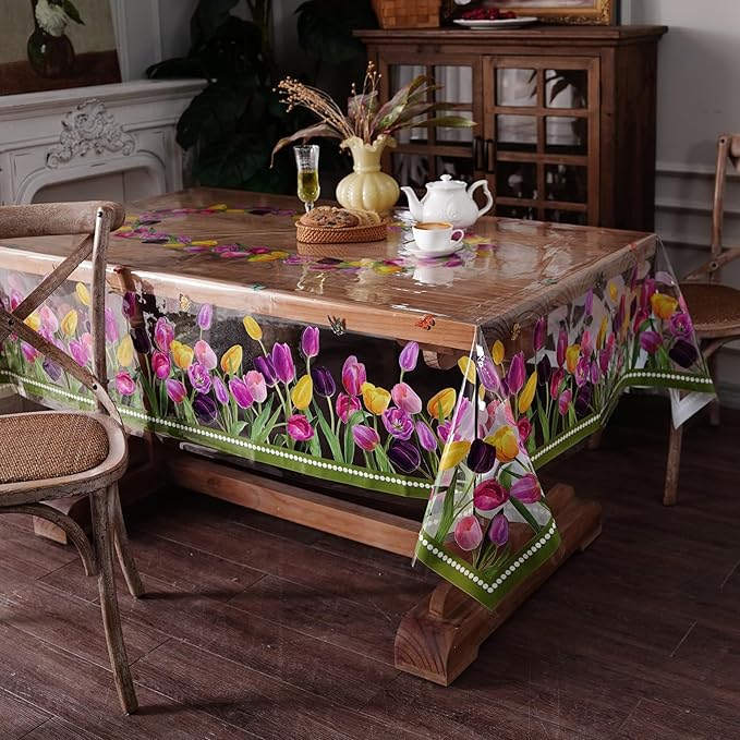 Clear Table Protector Cover Vinyl Rectangle PVC Tablecloth with Tulip Waterproof Oil Proof Wipeable Plastic Tablecloths for Spring Summer Home Kitchen Dining Table (Tulip, 52 x 70 Inches)