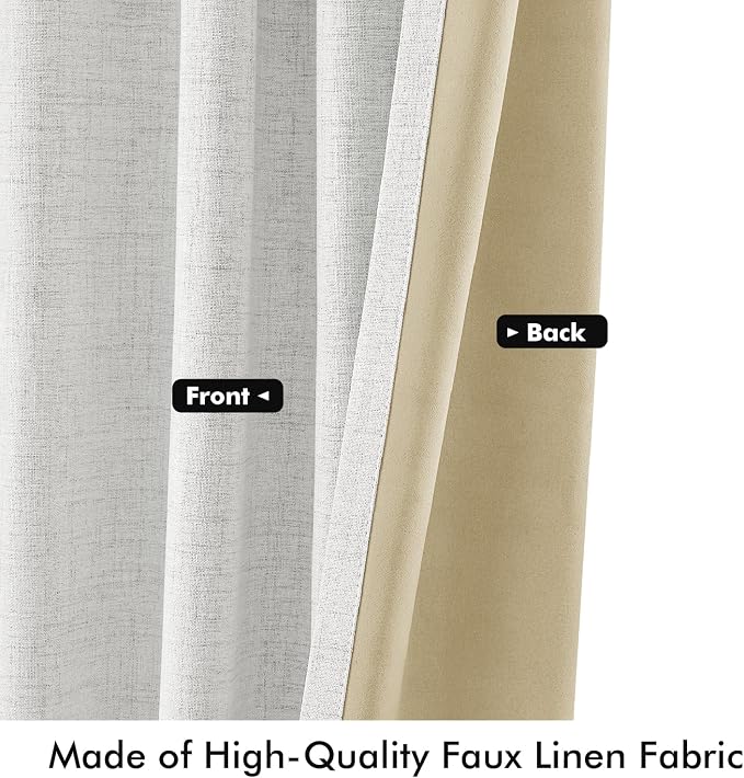 MIULEE 100% Blackout Linen Curtains for Bedroom, Heathered White Solid Luxury Decor Thermal Insulation Room Darkening Drapes for Living Room Back Tab Rod Pocket 42 x 72 Inches, 2 Panels