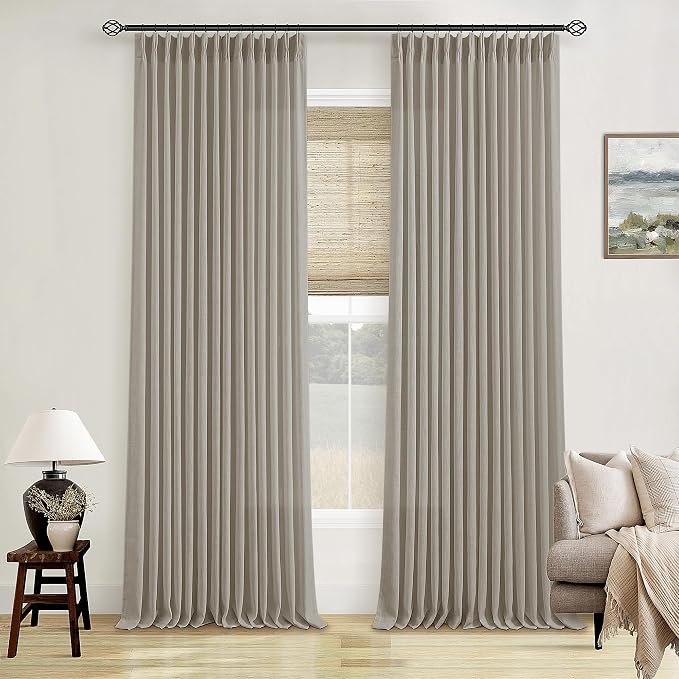 Pinch Pleated Linen Curtains 98 Inches Long for Living Room 2 Panels Set Greyish Beige Flax Double Pleated Drapes Back Tab Farmhouse Ceiling Floor 98 Inch Window Curtains Bedroom Burlywood Birch