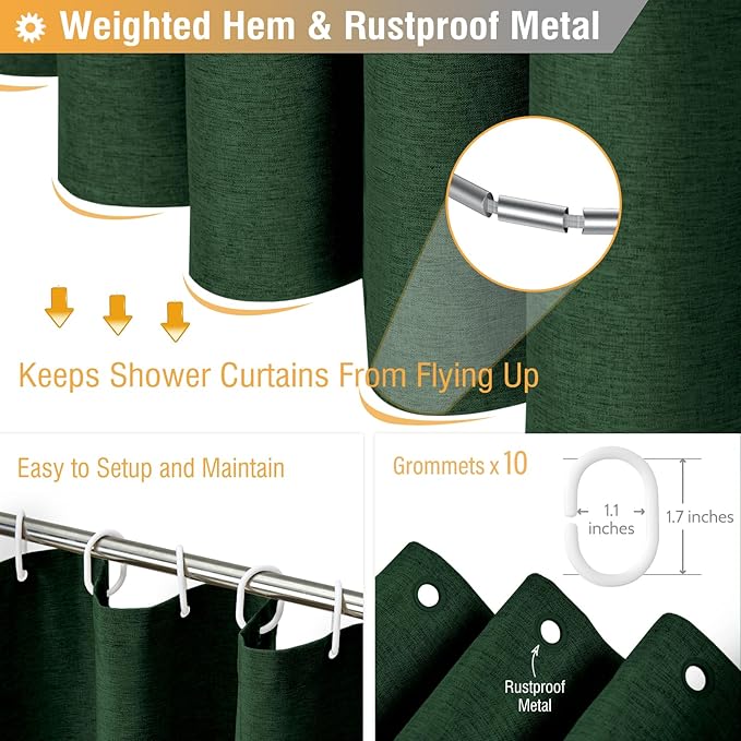 BTTN 60 Inch Stall Fabric Shower Curtain - Linen Textured Heavy Duty Shower Curtain Set with 10 Plastic Hooks, Narrow Waterproof Decorative Curtains for Bathroom and Bathtubs - 60x72 - Emerald Green