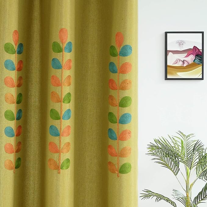 VOGOL Linen Curtains 63 Inch Length, Colorful Leaves Embroidered Kitchen Curtain, Top Grommet, 2 Panels, 52x63