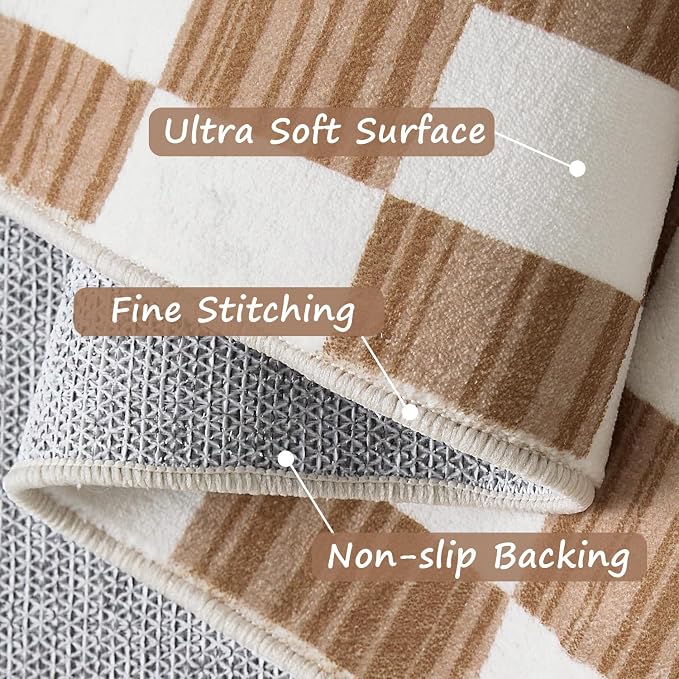 jinchan 4x6 Brown Checkered Area Rugs for Kids Room - Machine Washable Rug Modern Neutral Geometric Lattice Soft Non-Slip Carpet for Nursery Playroom Bedroom Entryway Living Room Home Office