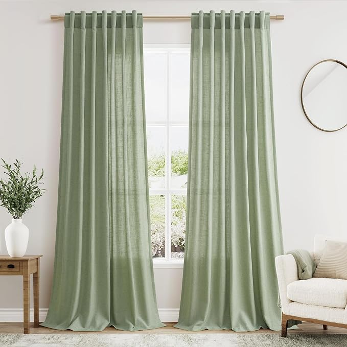 Light Sage Linen Curtains 108 Inches Long for Living Room 2 Panels Set Extra Long Back Tab Curtain Semi Sheer Light Filtering Sage Green Drapes Floor to Ceiling Drapes for Large Windows 52x108