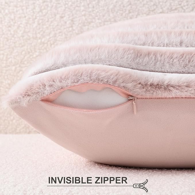 Pallene Faux Fur Plush Throw Pillow Covers 18x18 Set of 2, Luxury Soft Fluffy Striped Decorative Pillow Covers for Sofa, Couch, Living Room, Ombre Pink