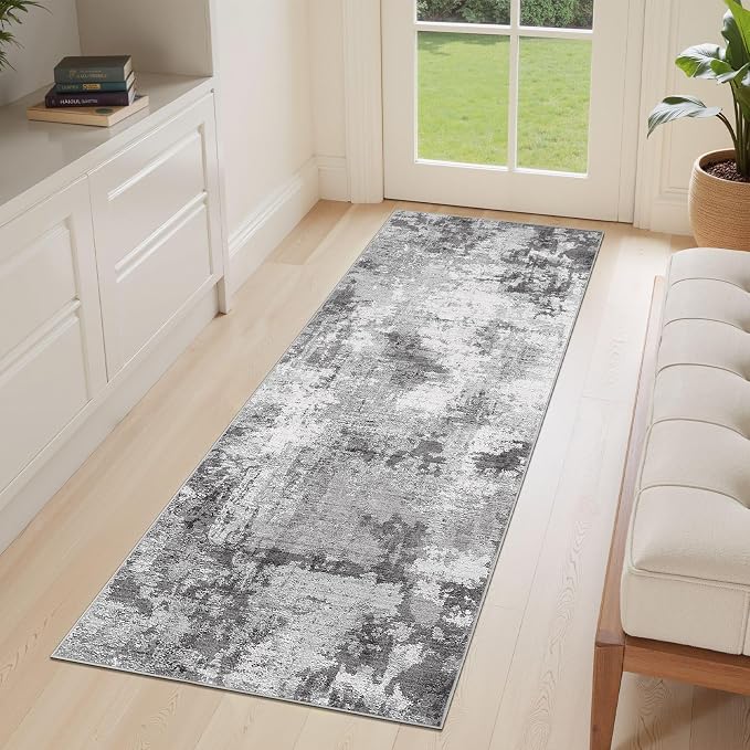 Abstract 2x6 Runner Rug: Machine Washable Non Slip Ultra Thin Low-Pile Carpet, Soft Stain Resistant for Hallway Kitchen Bathroom, Kid Pet Friendly, Robot Vacuum Compatible - Grey