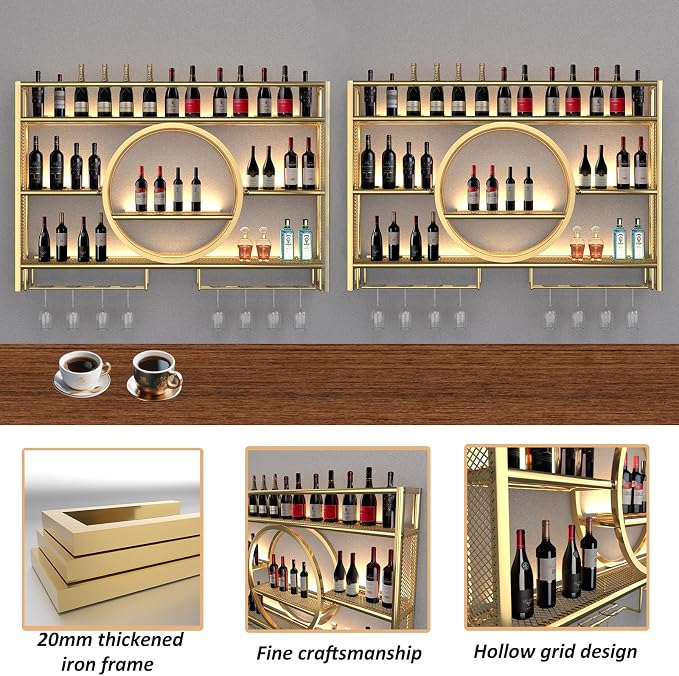 Metal Wine Rack Wall Mounted with LED Light, 3-Tier Bar Liquor Shelf with Wine Glass Holder, Modern Large Capacity Liquor Bottle Display Storage Shelf for Home Bar, Dining Room(Gold, 140 * 80 * 15)