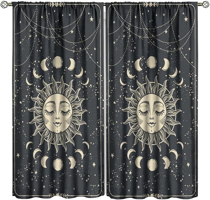 Sun Moon Blackout Curtains, Sun Moon Phases Stars Magic Bohemian Golden Mystical Window Treatment Drapes for Bedroom Living Room 52" W X 84" L