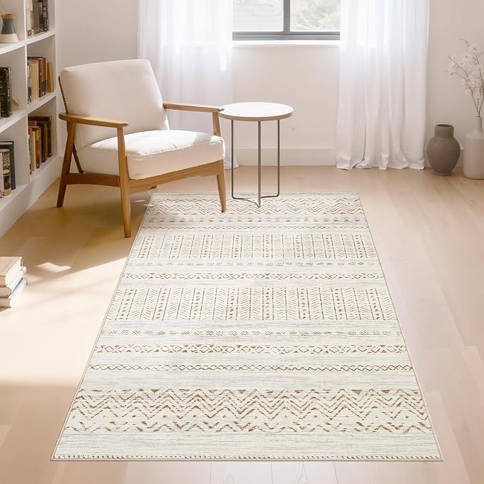 cotiled 3x5 Area Rugs Living Room Rug: Washable Boho Rugs with Non Slip Backing Small Soft Indoor Stain Resistant Carpet for Bedroom Farmhouse Dining Room Lightweight Home Decor Brown/Cream