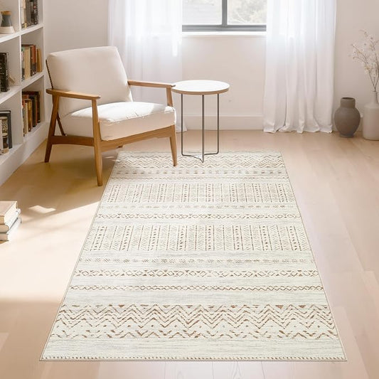 cotiled 3x5 Area Rugs Living Room Rug: Washable Boho Rugs with Non Slip Backing Small Soft Indoor Stain Resistant Carpet for Bedroom Farmhouse Dining Room Lightweight Home Decor Brown/Cream