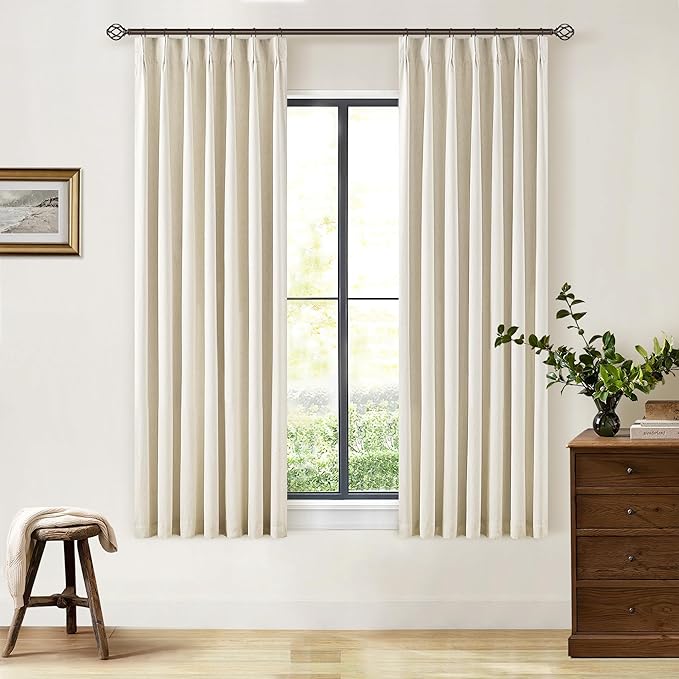 Linen Beige Black Out Curtains 63 Inch Long for Bedroom Pinch Pleated with Rings Hooks Back Tab Thermal Insulated Short Length Linen Blackout Drapes Farmhouse Living Room Darkening Kitchen Curtains