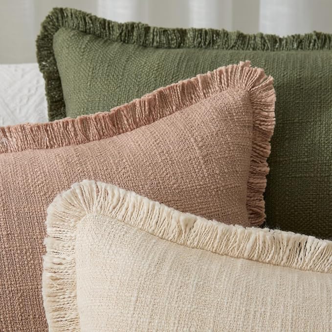 Kevin Textile 14x36 Inch Long Lumbar Pillow Cover 1 Pack Boho Fringe Decorative Rectangle Cushion Case with Tassels Neutral Cotton Woven Textured Farmhouse for Living Room Couch Sofa Bed, Khaki Brown