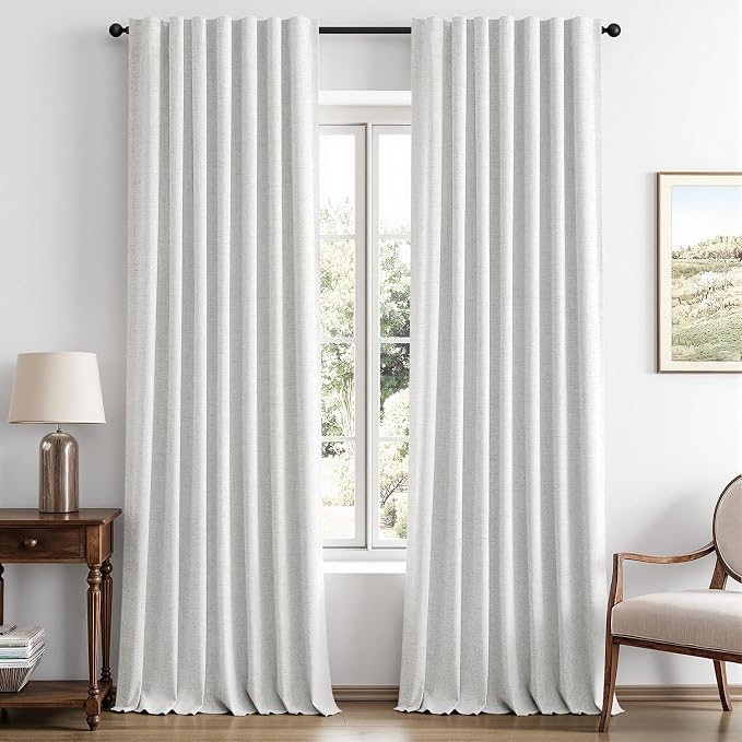 MIULEE 100% Blackout Linen Curtains for Bedroom, Heathered White Solid Luxury Decor Thermal Insulation Room Darkening Drapes for Living Room Back Tab Rod Pocket 42 x 96 Inches, 2 Panels
