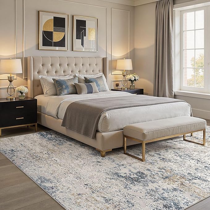 DMOYEST Area Rug Living Room Rugs - 10x12 Large Soft Indoor Neutral Modern Abstract Low Pile Washable Rug Carpet for Bedroom Dining Room Farmhouse Home Office - Beige Blue