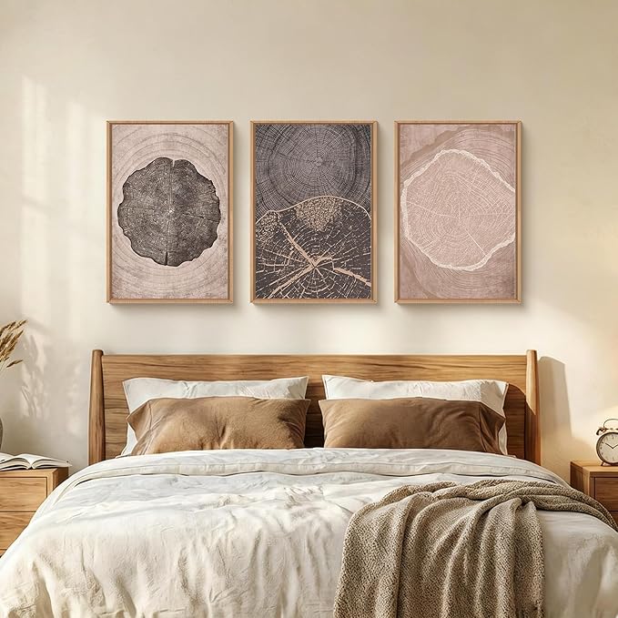 HOURIA Neutral Brown Tree Rings Framed Canvas Wall Art Set,Vintage Abstract Dark Gray Wood Stump Wall Decor,Modern Minimalist Wood Grain Slice Artwork for Living Room,Bedroom,Farmhouse- 24"x36"x3