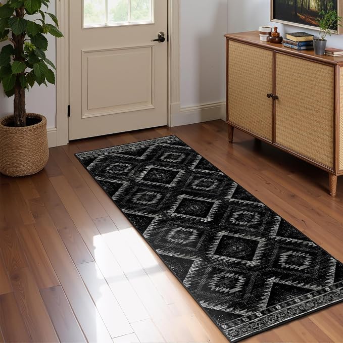 BESTSWEETIE Area Rug 2x6 Rug Machine Washable Non-Slip Low Pile Print Pattern Western Rug for Living Room Bedroom Entryway Tribal Series-Black