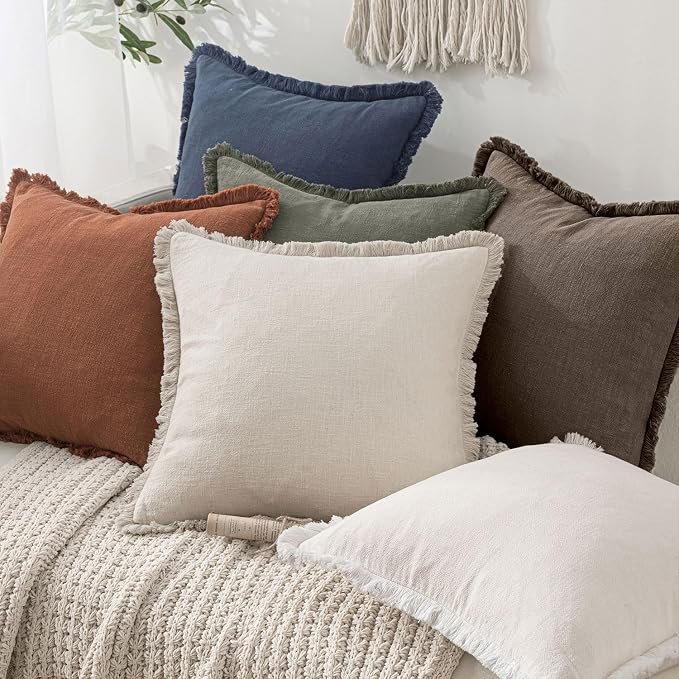 MIULEE Decorative Throw Pillow Covers Neutral Linen Fringe Throw Pillows Euro Shams Set of 2 Natural Coffee Boho Farmhouse Cushion Covers for Couch Sofa Bed Living Room Fall Home Decor 24x24 Inch