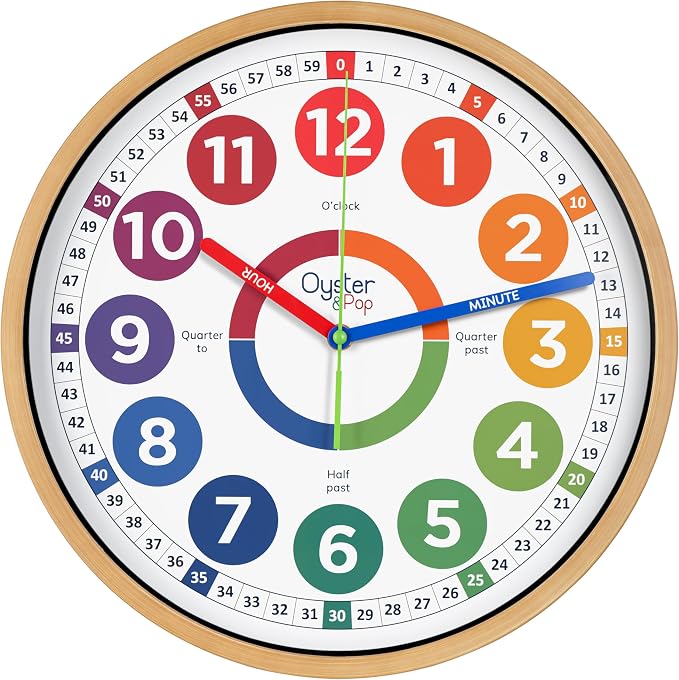 Oyster&Pop Kids Clock - Silent 14" Analog Learning Wall Clocks - Award-Winning Telling Time Teaching Clock for Kids - Large for Classrooms Homeschool & Bedrooms - Includes eBook
