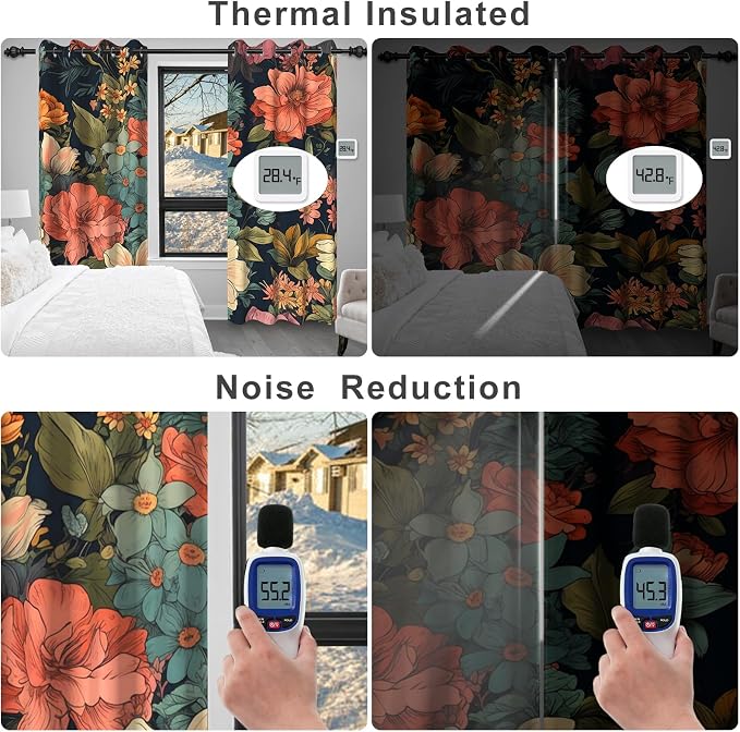 Boho Floral Blackout Curtains for Bedroom and Living Room, Grommet Thermal Insulated Black Out Window Drapes with Curtain Tiebacks, Soundproof Privacy Patterned Curtains 84 Inch Long 2 Panels Set