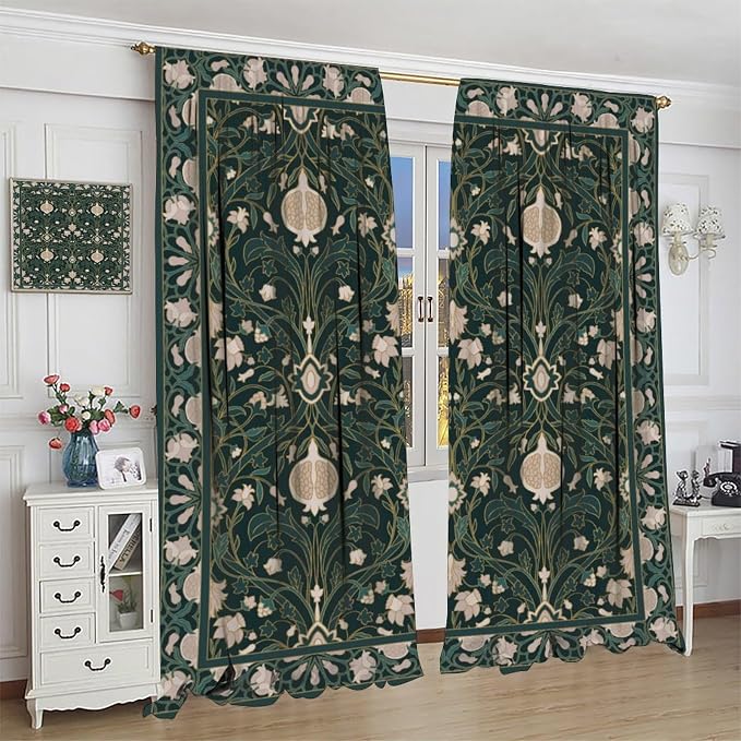William Morris Floral Blackout Curtains, Vintage Plant Art Flower Green Leaves Boho Window Drapes, for Living Room Bedroom 42" W X 54" L