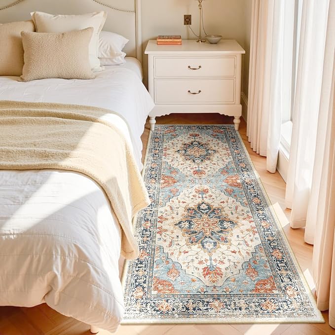 RELEANY Area Rugs Runner 3'x7' Washable Non-Slip, Floral Vintage Distress Medallion Carpet for Kitchen Hallway Bedroom Beside Laundry Room Bathroom, Beige Navy Blue Orange Colorful