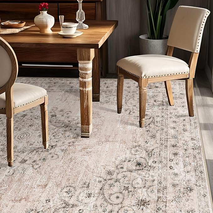 Area Rug 5x7 Vintage Rug: Washable Indoor Medallion Rugs Low Pile Distressed Floor Carpet Retro Accent Rug for Living Room Bedroom Kitchen Dining Table Home Office(Distressed Brown, 5'x7')