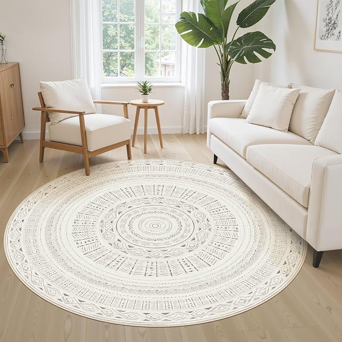cotiled 5x5 Round Area Rugs Living Room Rug: Washable Boho Rugs with Non Slip Backing Large Soft Indoor Stain Resistant Carpet for Bedroom Farmhouse Dining Room Lightweight Home Decor L Brown/Cream
