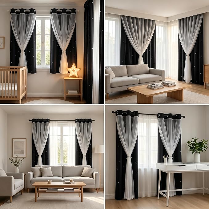 Blackout Curtains for Bedroom/Living Room, Sheer Overlay 2 Free Tiebacks, Double Layer Curtains with Star Cutout for Kids Room(Each Piece W 70 x L 63 Inches 2 Pcs Black)