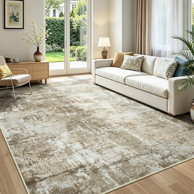 Rugflix 5x7 Area Rugs for Living Room, Washable Large Rug Stain-Resistant Low Pile, Modern Carpet for Dining Room Home Office Kid Room Nursery Bedroom, Brown