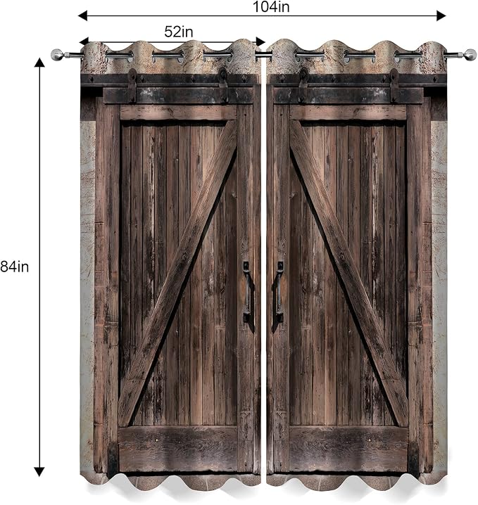 MissHope Rustic Wooden Barn Door Blackout Curtains Vintage Brown Wood Door Farmhouse Country Decor for Home Bedroom Living Room Grommet Window Drapes 2 Panels, 52x84 Inch