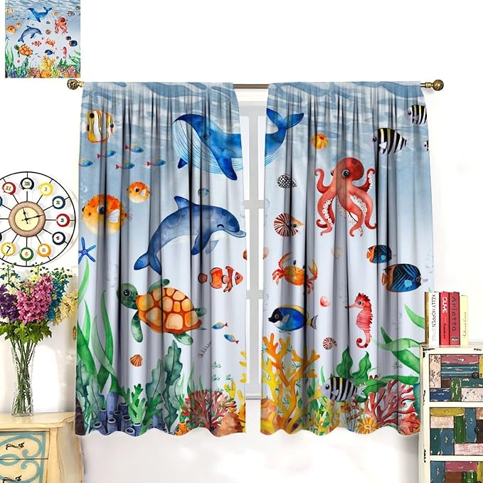 YCness Sea Animal Curtains for Boys Girls Bedroom Nursery Decor Cartoon Tropical Fish Underwater Coral Animals Art Printed Blackout Window Drapes Fabric Set 2 Panel 52x84 Inch 80% Shading Rate