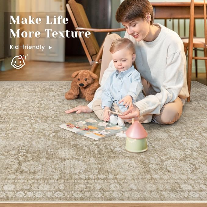 8x10 Area Rugs for Living Room: Washable Large Vintage Floral Rug Low Pile Non-Slip Boho Carpet for Bedroom Home Office Dining Room (Brown, 8'x10')