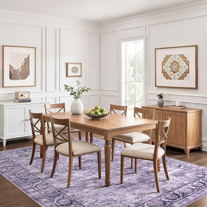 7x9 Area Rug Living Room: Washable Boho Large Neutral Vintage Soft Rug Stain Resistant Farmhouse Non-Slip Indoor Floor Carpet for Bedroom Nursery Kids Playroom Office Dining Room- Purple