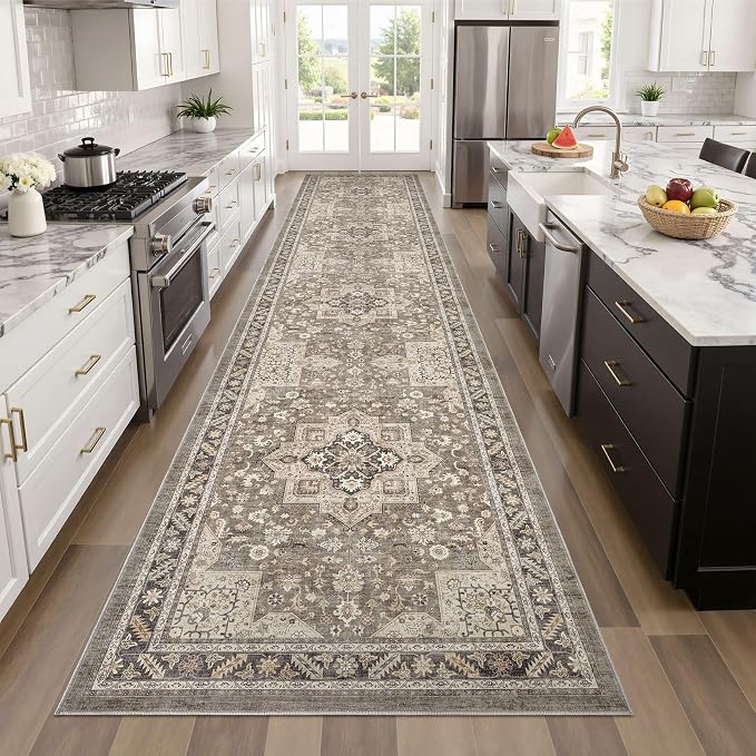 Vintage Hallway Runner Rug 3x8: Large Soft Washable Entryway for Kitchen Laundry Room Non-Slip Backing Runner for Entrance Living Room Bedroom Bathroom - Brown