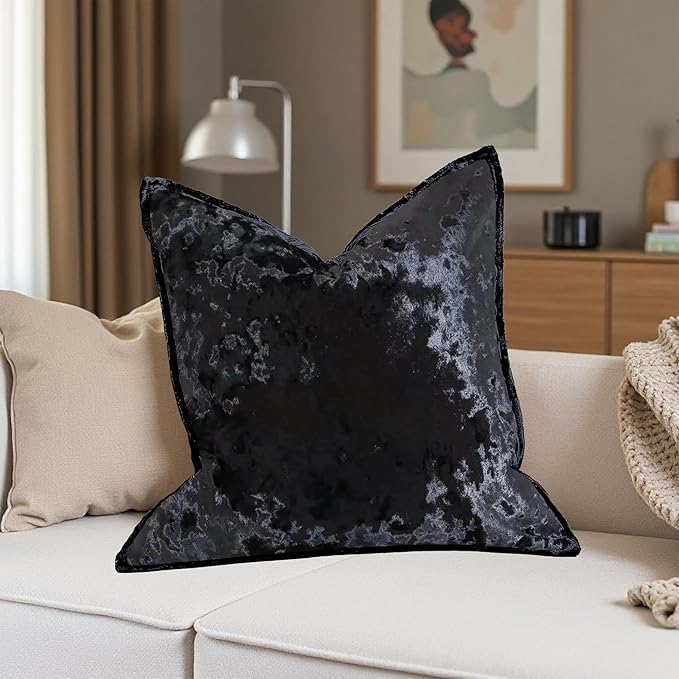 Velvet Pillow Cover Black 18x18 Inch - Luxury Crushed Velvet Decorative Throw Pillow Case for Living Room Sofa Bed (1 Pack)