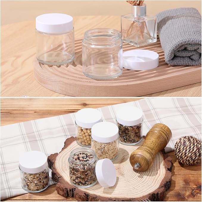 Norme 4 oz Glass Jars with Lids Leakproof Round Airtight Empty Cosmetic Jars with Inner Liners Lid for Storing Lotions Powder Ointments Making Tins(24 Pcs,White, Clear)