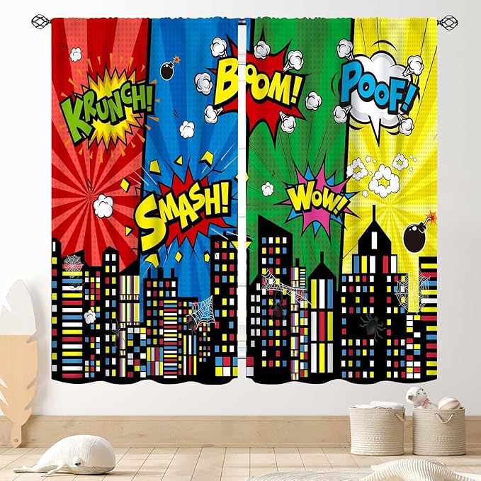 Super City Hero Curtain, Comic Style Cityscape Skyline Buildings Cartoon Window Curtains for Boys Kids Teens Baby Room Bedroom Living Nursery 2 Panel Sets, 42"x54" Inch