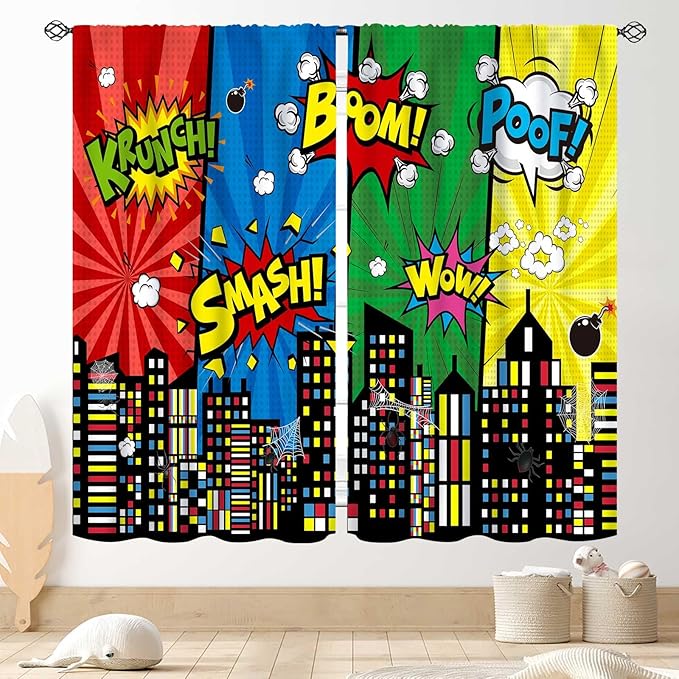 Super City Hero Curtain, Comic Style Cityscape Skyline Buildings Cartoon Window Curtains for Boys Kids Teens Baby Room Bedroom Living Nursery 2 Panel Sets, 84"x84" Inch