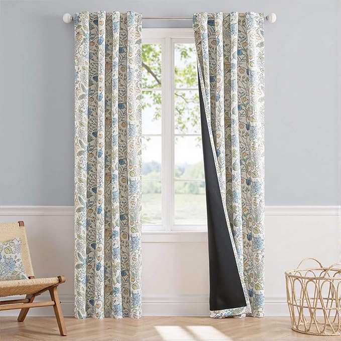 Vangao Blue Nursery Curtains for Kids Room Floral Blackout Curtains 84 Inch Length Farmhouse Drapes for Bedroom Room Darkening Flower Patterned Window Treatment for Kids Set of 2