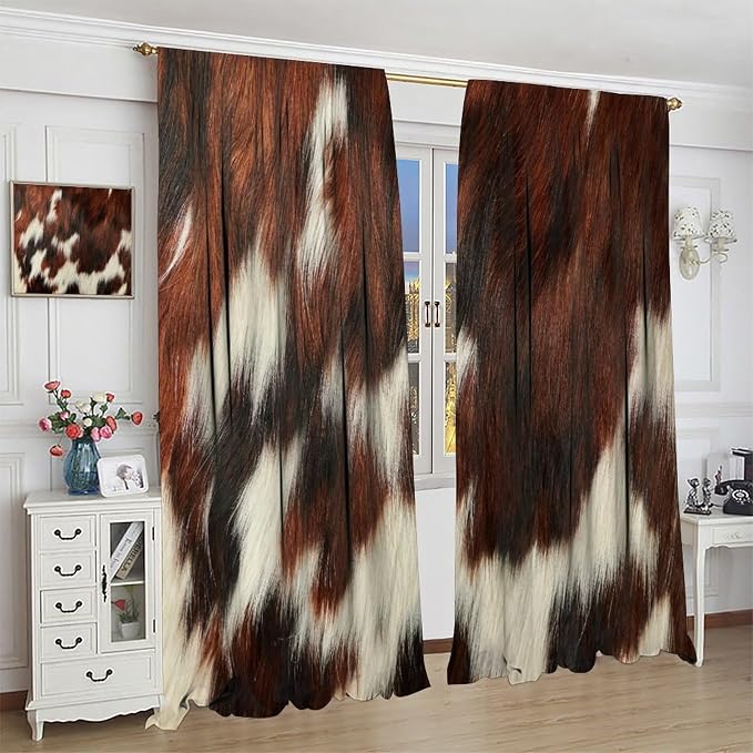 Cow Blackout Curtain,Animal Print Brown Cowhide Western Rustic Farm Farmhouse Window Treatments Rod Pocket Curtain for Bedroom Living Room Kitchen Decor Drapes 55x63in