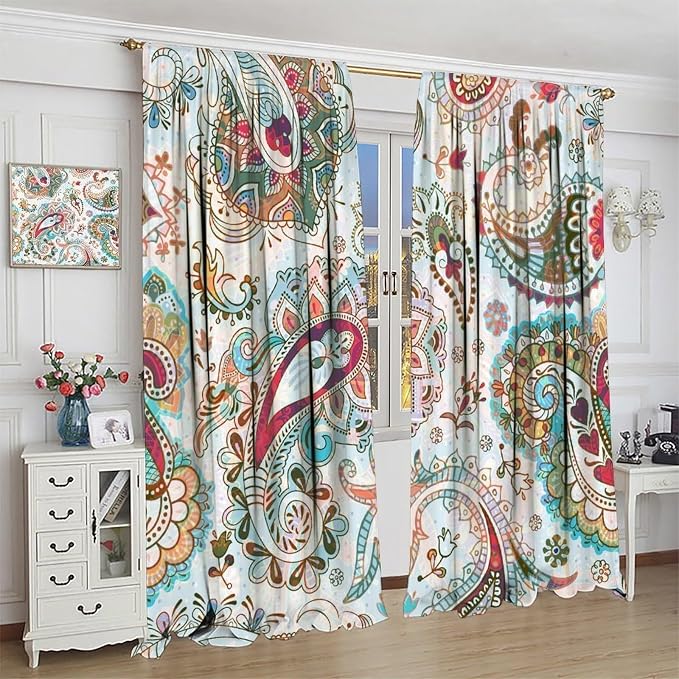 Bohemian-Style Curtains, Tribal Abstract Print with Paisley Motifs, Blackout Curtains for Bedrooms, Living Rooms and Kitchens42X54 Inch