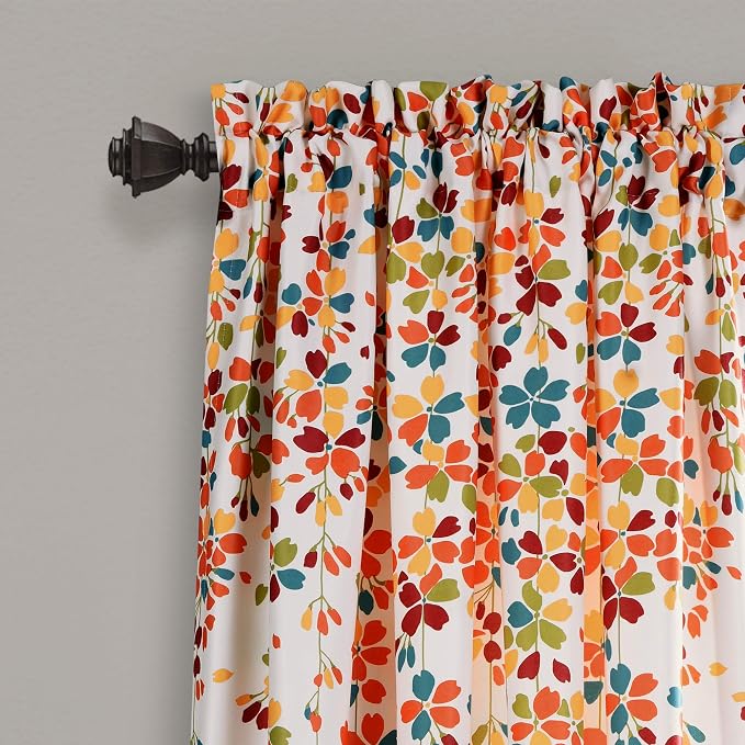Lush Decor Weeping Flower Light Filtering Window Curtain Panels, Pair, 52"W x 108"L + 2" Header, Turquoise & Tangerine - Charming Modern Floral Curtains for Living Room, Dining Room, & Bedroom